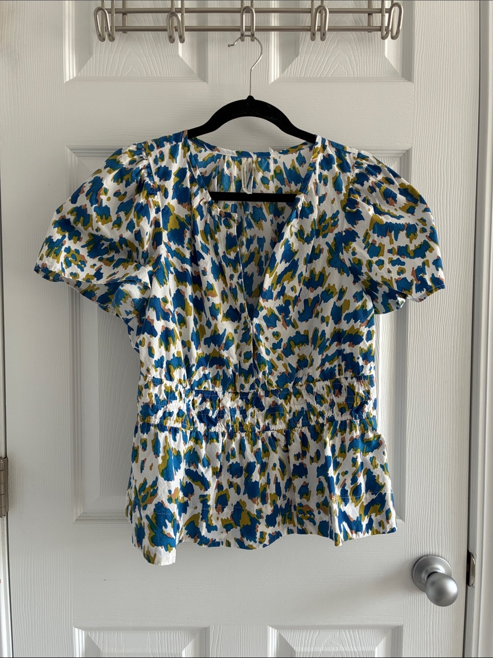 Anthropologie Blue and Green Abstract Smocked-Waist Blouse